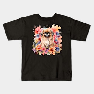 A pekingese decorated with beautiful watercolor flowers Kids T-Shirt